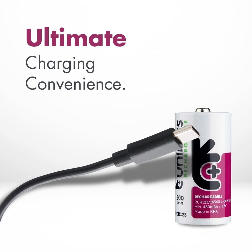 Uniross USB-C Rechargeable RCR123 Battery (Pack of 2) Features