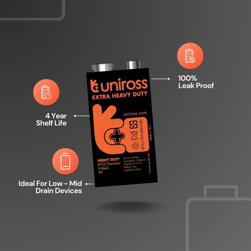 Uniross Heavy Duty Zinc 6F22 Battery (Blister Of 1)