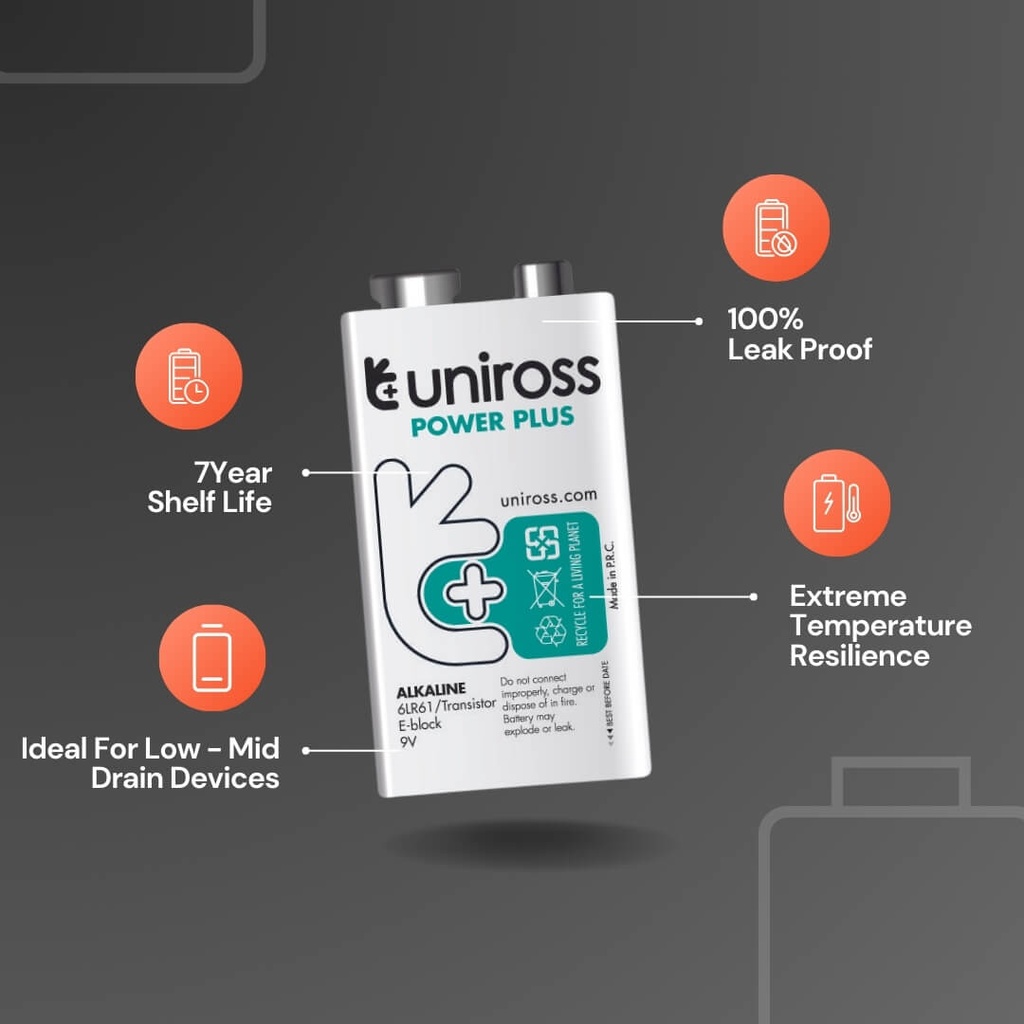 Uniross Power Plus Alkaline 6LR61 Battery Features