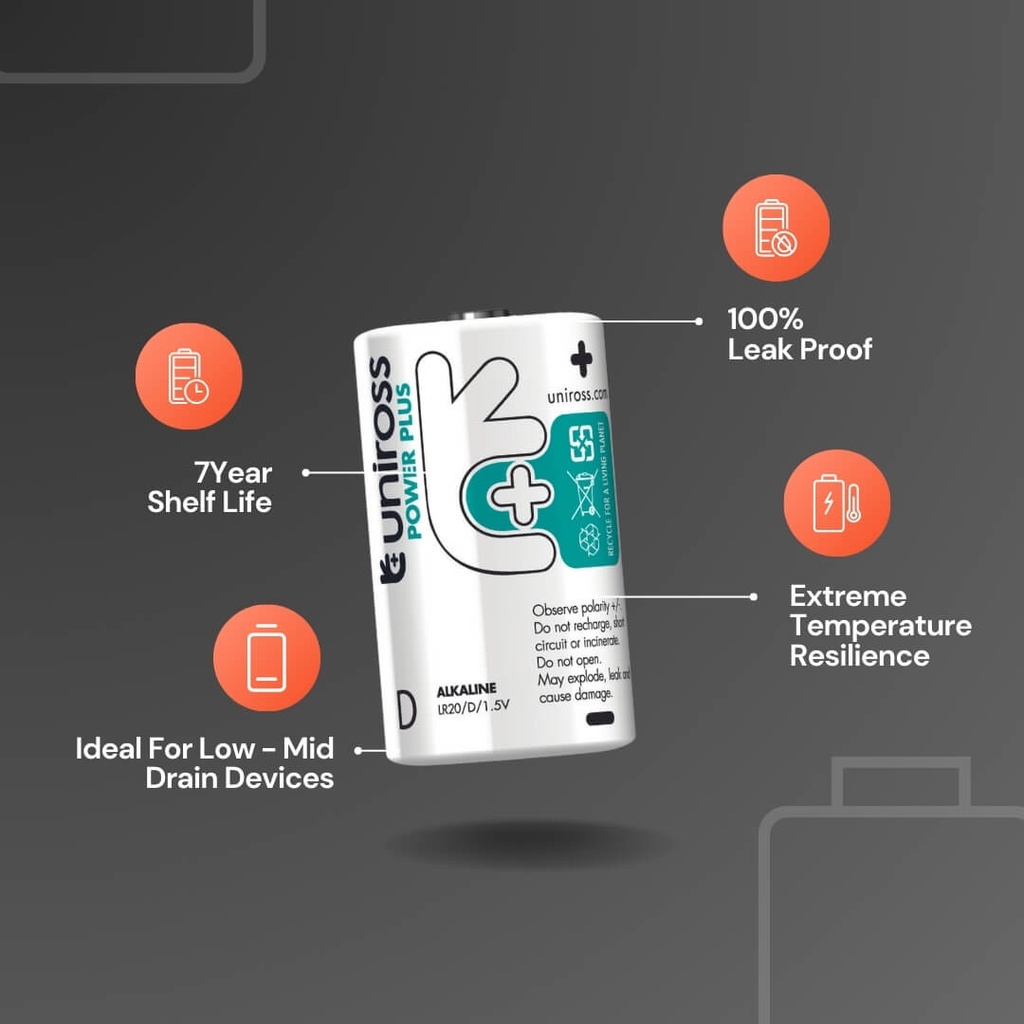 Uniross Power Plus Alkaline D Battery features