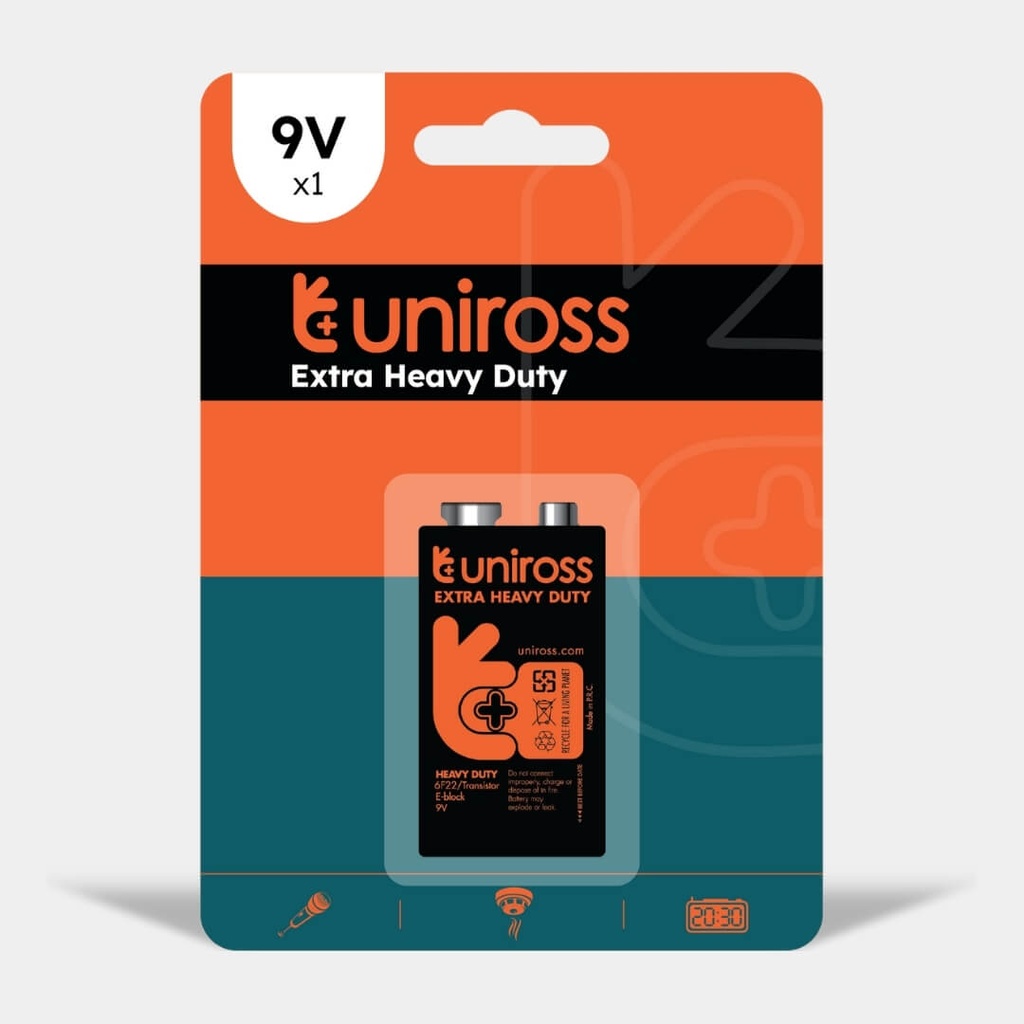 Uniross 6F22 9V Heavy Duty Zinc Battery (Blister 1)